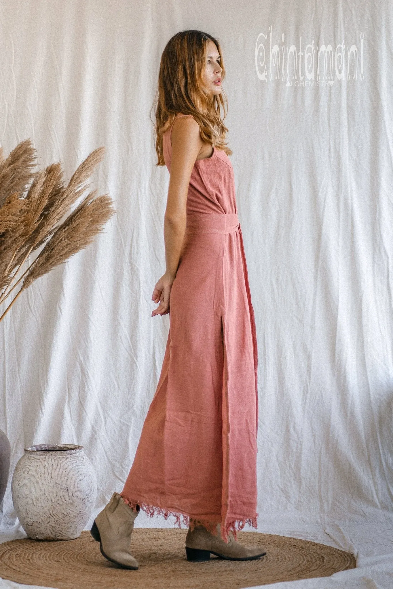 Gypsy Raw Cotton Sleeveless Long Wrap Dress / Pink