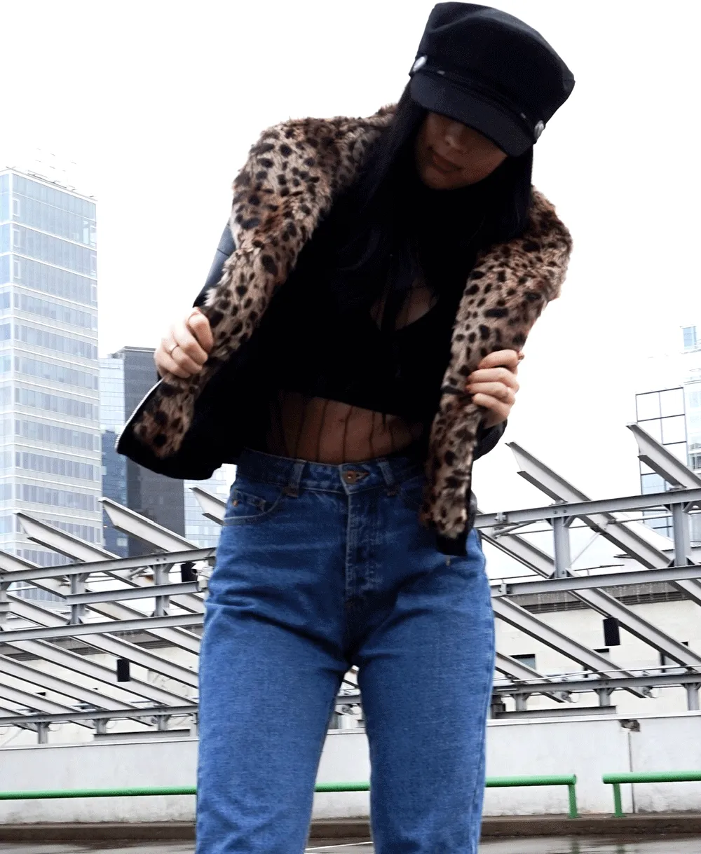 Leopard Faux Fur Collar PU Biker Jacket