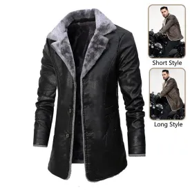 Men's Plush Lapel Leather Jacket - Winter Fleece Coat
